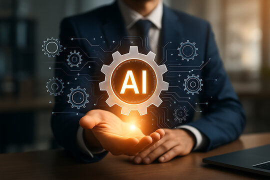 Businessman presenting glowing ai gear icon with network of digital circuit elements symbolizing artificial intelligence integration and automation in modern business
