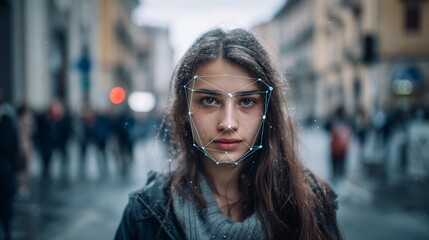 Captivating portrait of a young woman with face recognition technology against a blurred urban cityscape background, demonstrating innovation.