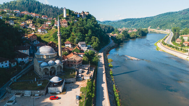 Kuršumlija Mosque in Maglaj with View of Fortress and River Bosnia - Powered by Adobe