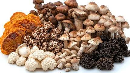 Obraz premium Variety of fresh wild mushrooms arranged in groups by type including orange chanterelles, brown shiitake, white button, and black truffles on white background.
