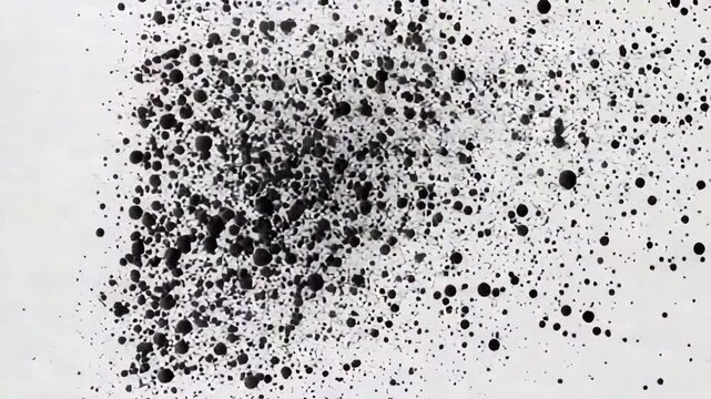 Black ink splatter pattern white background with dynamic abstract fluid droplets creating energetic artistic expression and scattered pattern effect