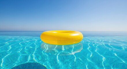 Bright Yellow Inflatable Pool Ring Floating in Clear Blue Swimming Pool Under Sunny Sky