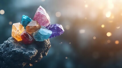 Obraz premium Colorful healing crystals and gemstones on dark stone with magical glowing bokeh lights in background, spiritual wellness and alternative medicine concept.