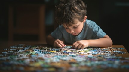 Young boy focused on completing a colorful jigsaw puzzle