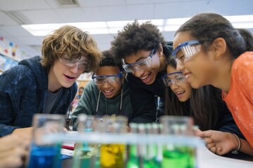 Diverse students in a science class doing an experiment