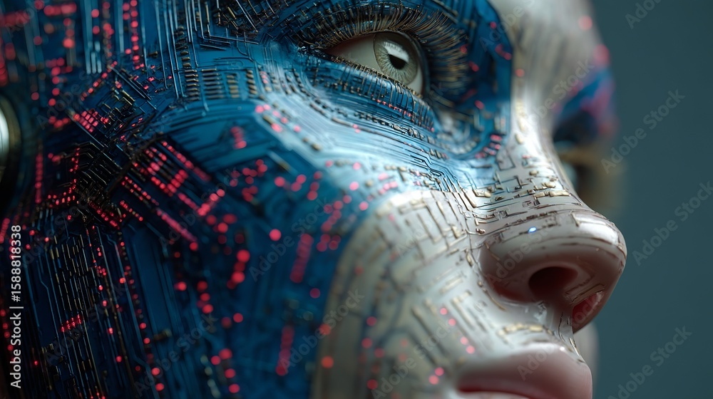 Poster close-up rendering of a futuristic human-like cyborg face, showing technological integrations and ad