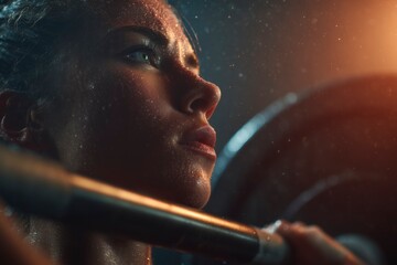 Determined woman with sweat on her face lifting a barbell