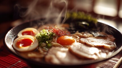 Steaming hot bowl of traditional Japanese ramen soup