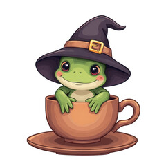 A charming cartoon frog wearing a witch hat sits comfortably inside a teacup against a dark background.