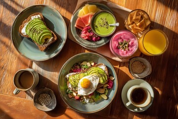 Top-down view of a healthy brunch spread on a wood table