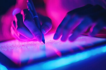 Hands Writing with Pen on Tablet Amidst Neon Purple and Blue Light