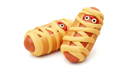 Two hot dogs wrapped in dough to resemble mummies, with candy eyes, on a white background.