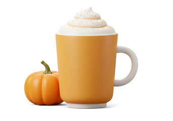 A vibrant orange mug filled with a pumpkin spice latte, beside a small pumpkin.