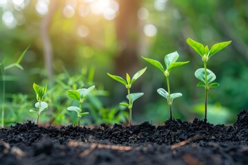 Fototapeta premium Seedlings are growing from fertile soil, showing different stages of growth, from small to big, in the morning sunlight