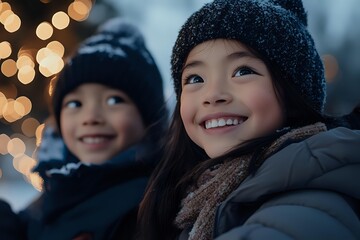 Young Asian children wearing winter hats and coats smile joyfully against blurred holiday lights background, capturing magical festive atmosphere and pure happiness.