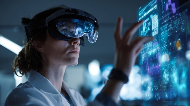 Futuristic researcher interacts with holographic display using augmented reality headset for innovative solutions in dark lab environment.
