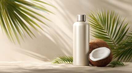 Sleek, modern shampoo bottle stands elegantly beside fresh coconut, surrounded by lush green palm leaves. tropical setting evokes sense of relaxation and natural beauty, perfect for hair care