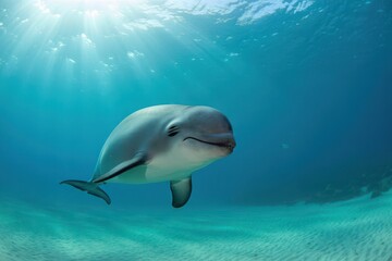 Naklejka premium Graceful Dolphin Swimming in Tranquil Blue Waters A Serene Marine Encounter in Natural Habitat