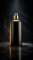 Sleek, high end shampoo bottle with luxurious black finish and gold pump sits elegantly on dark marble surface, exuding sophistication and style