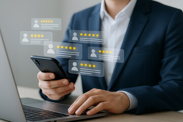 Businessman using smartphone and laptop with floating digital customer reviews and five-star rating icons in modern business environment