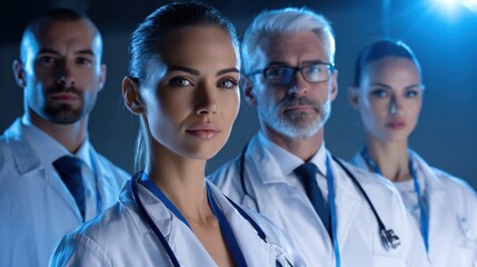 A group of four doctors are standing together in a room
