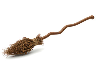 Flying wooden broom with straw bristles, isolated on white background.