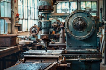 Vintage drilling machine performing a task in a cluttered workshop, showcasing industrial machinery and manufacturing processes