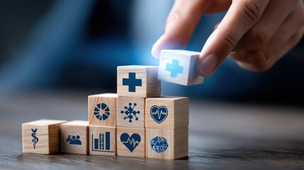 A person is stacking wooden blocks with a medical symbol on top
