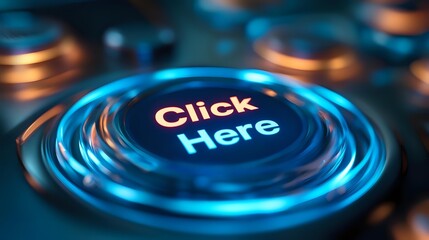 Glowing blue and orange circular button with text on dark background creates futuristic tech atmosphere. Digital interface design element for websites and apps.
