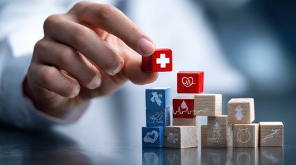 A person is holding a red cube with a cross on it