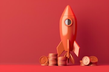 Orange rocket taking off with dollar coins on a red background, representing startup business and investment