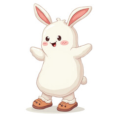 Obraz premium Adorable cartoon bunny character cheerfully stands with open arms on transparent background, dressed in cute slippers for playful designs.