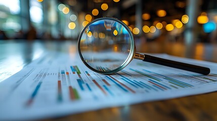Magnifying glass on financial charts and graphs with blurred bokeh lights background, business analysis and research concept for investment decisions.
