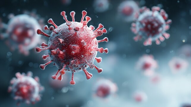 Microscopic rendering shows the Coronavirus pathogens, viruses, disease, and contagion in scientific detail for medical studies, research, and global concerns - Powered by Adobe