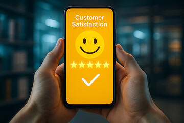 Businessman using smartphone with digital AI and analytics icons representing artificial intelligence, data analysis, and business intelligence in modern office