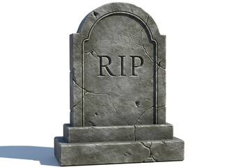 A weathered gravestone with the inscription "RIP" stands on a white background, showing signs of age and cracks.