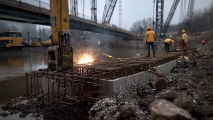 Construction site worker welding steel reinforcement bar concrete near river bridge cloudy foggy day showing industrial activity teamwork and heavy - Powered by Adobe