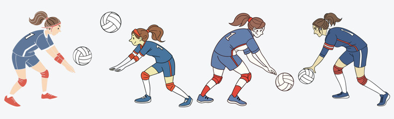 Obraz premium A cute girl playing volleyball, or colorful Dynamic volleyball girls in action simple flat design PNG, SVG, JPG< Vector.