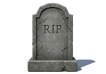 A weathered gravestone with the inscription "RIP" stands against a white background, casting a shadow.