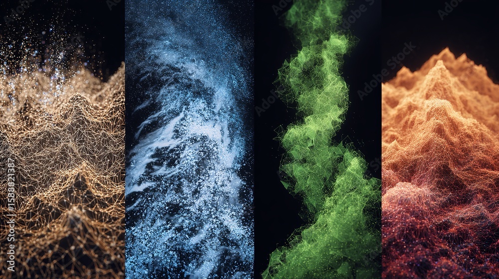 Poster abstract glowing digital landscape composition showcasing data visualization with vibrant colors and