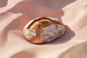 A rustic sourdough loaf, golden-brown crust, rests on a soft pink surface.