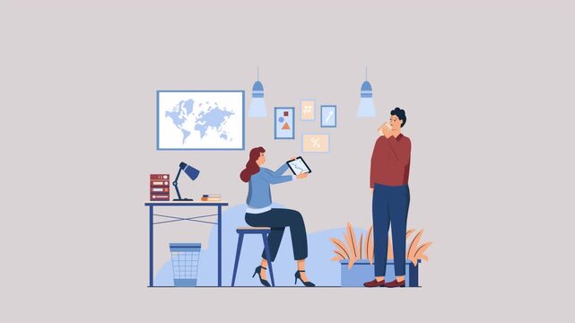Late Night Developer Working on Project is a flat character explainer scene perfect for startup videos, business presentations, or UI/UX concept animations.