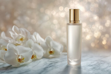 Frosted glass bottle stands elegantly against soft, blurred background, surrounded by delicate white orchids. warm golden cap adds touch of luxury, creating serene and sophisticated atmosphere