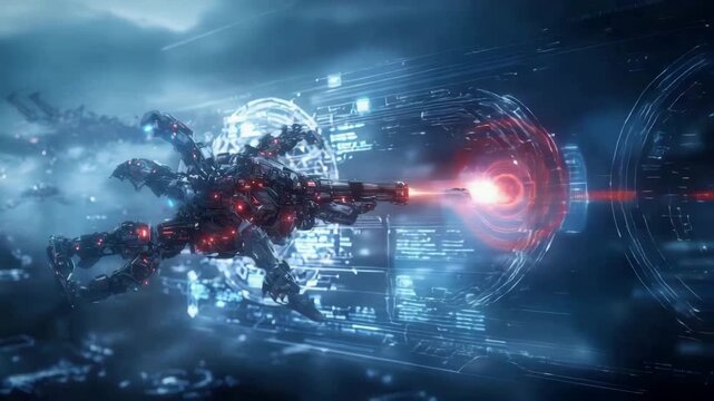 Futuristic robotic spider with glowing red laser weapon firing intense beams high tech digital environment showcasing advanced technology and sci fi