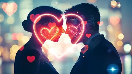 Romantic couple silhouetted against a city skyline, surrounded by glowing heart shapes and lights - Powered by Adobe