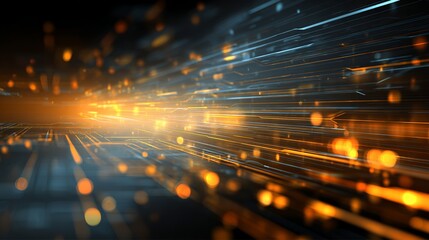 Glowing orange and blue circuit paths represent digital data flow and futuristic technology progression concept.