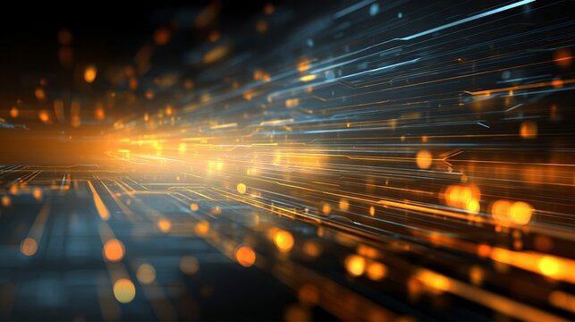 Glowing orange and blue circuit paths represent digital data flow and futuristic technology progression concept.