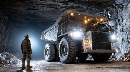 A man stands in front of a large truck in a cave