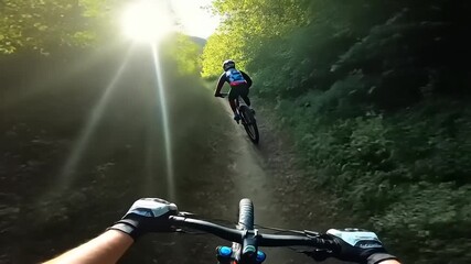 Young cyclist navigating a steep, rocky trail surrounded by lush greenery and sunlight - Powered by Adobe