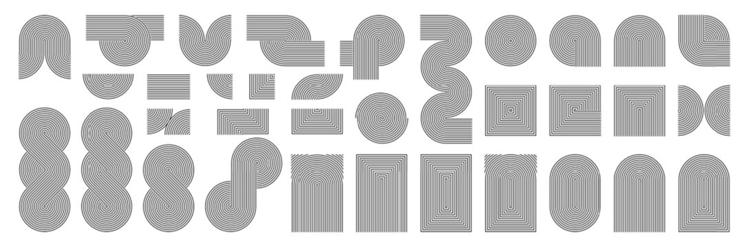 Abstract line pattern shape, geometric arch, rainbow elements logo design. Modern vector art, boho wave zen arc. Black circle simple texture, organic minimalist balance mid century poster aesthetic
